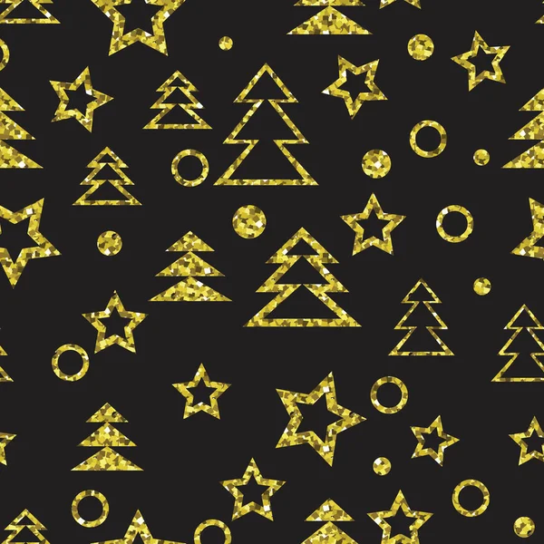 Sömlös gyllene Julen träd, stjärnor och prickar mönster. — Stock vektor