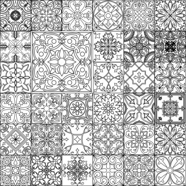 Portekiz tarzında fayans seti. Hollanda, Portekiz, İspanyol ve İtalyan tarzında arka ve beyaz mozaik arka plan.