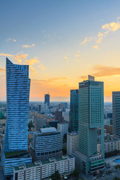 Warsaw top view on city center at sunset, vertical photo.
