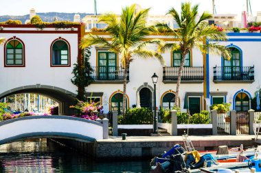Puerto De Mogan Gran Canaria ada üzerinde renkli bağlantı noktası ile palmiye ağaçları.