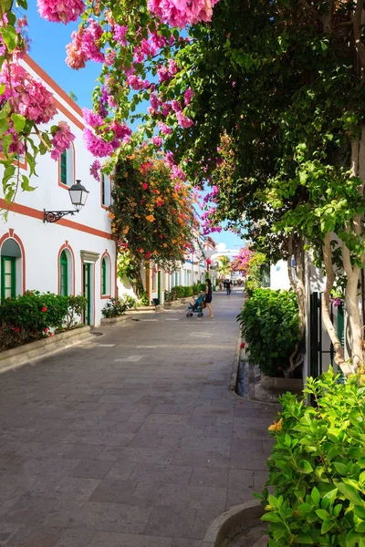 Maravilloso Callejón Con Coloridas Flores Puertas Ventanas Puerto Mogan Isla — Foto de Stock