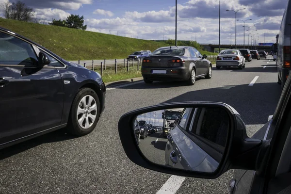 Stau Auf Autobahn Front Und Rückspiegel Auto — Stockfoto