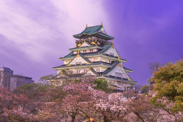 Castillo de Osaka con flor de cerezo en el crepúsculo . — Foto de Stock