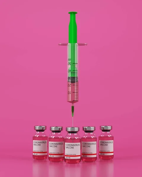 Koncept Med Grön Spruta Och Flaskor Med Vaccin Rosa Bakgrund — Stockfoto