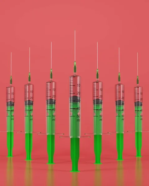 Koncept Téma Medicíny Zelené Injekční Stříkačky Růžovém Pozadí Stylový Koncept — Stock fotografie
