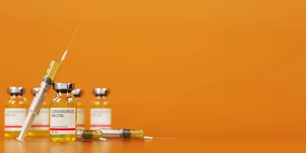 Läkemedel Ampuller Och Injektionsspruta Orange Bakgrund Coronavirusvaccin Med Spruta Koncept — Stockfoto