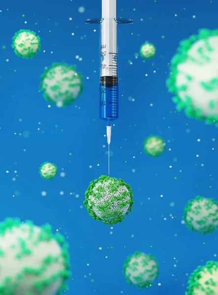 Koncept Injekční Stříkačku Koronavirovou Vakcínou Vstříknutou Molekuly Koronaviru Lékařské Ilustrace — Stock fotografie