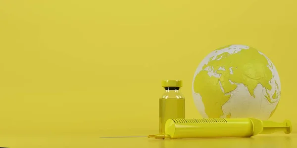 3d concept, rendering on medical subjects. Planet Earth globe, syringe and ampoule yellow on a yellow background. Yellow ampoule with coronavirus vaccine and other diseases. 3d illustration