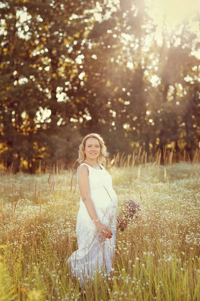 Mulher grávida no campo de verão — Fotografia de Stock