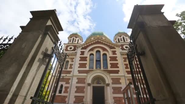 Look from below at beautiful building of an old church — Stock Video