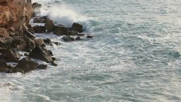 Surf θάλασσα στην Κύπρο. Βραχώδης παραλία λιθοβολούνται. Καλοκαιρινή μέρα. Ηλιόλουστος παράδεισος — Αρχείο Βίντεο