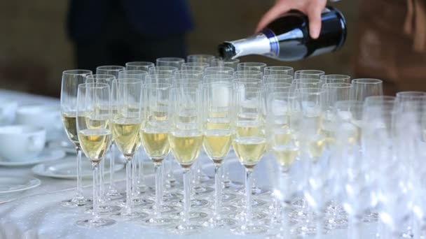 El hombre vierte champán en copas sobre una mesa blanca — Vídeo de stock