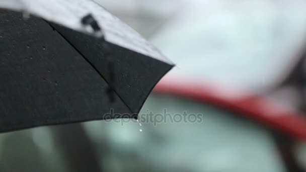 Капли дождя падают с черного зонта — стоковое видео