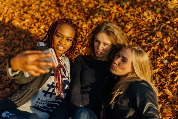 Drei hübsche Frauen machen Selfie im Herbstpark. niedliche Mädchen mit unterschiedlich gefärbter Haut. Weibchen liegen in Blättern und machen mit einem Lächeln in die Kamera lustige Gesichter. sonniger Herbsttag — Stockfoto