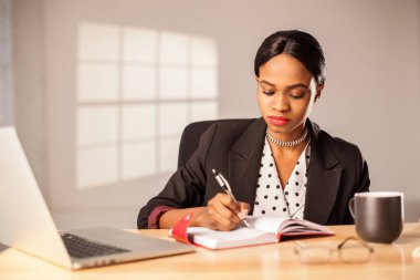 Onun çalışma evinde ofiste oturan ve bir şey onu not defterinde yazıyor güzel kadın.