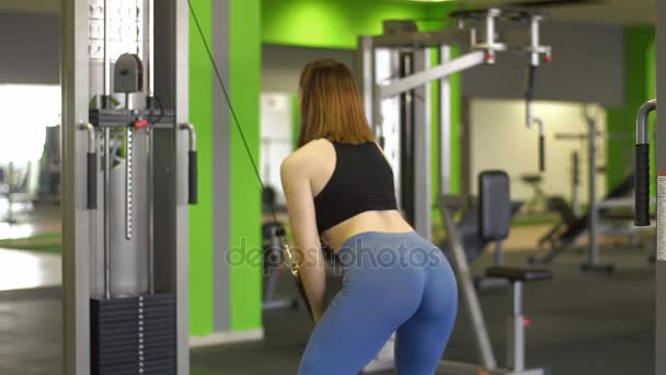 Πίσω όψη της sportwoman κατάρτισης στο πράσινο γυμναστήριο, κρατώντας fit και pumpung μύες του βραχίονα της — Αρχείο Βίντεο