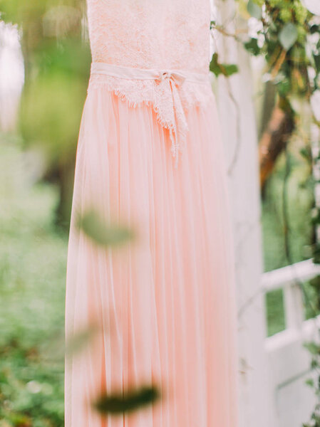 The photo of the long light pink dress with lace at the background of the green forest