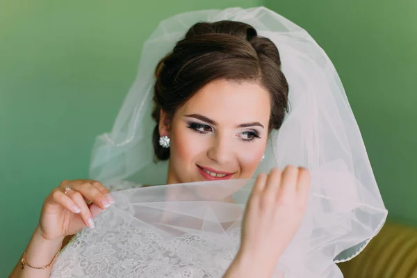 Mooie jonge verlegen bruid verbergt haar gezicht achter de sluier — Stockfoto