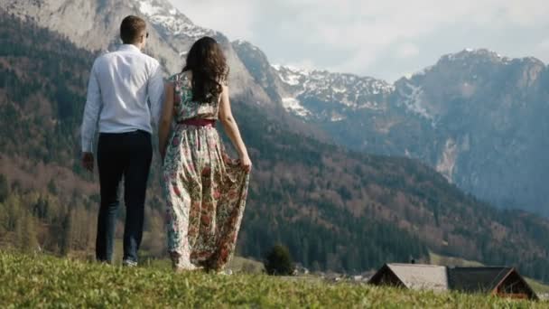Zadní pohled pár drží za ruce a procházky v horách. — Stock video