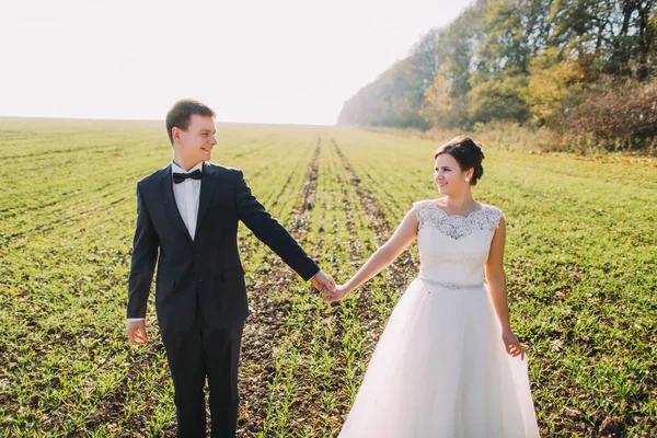 Le portrait en gros plan des jeunes mariés tenant la main dans le champ vert . — Photo