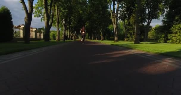 Die nach unten gerichtete Ansicht der joggenden Sportlerin beim Joggen im Park. — Stockvideo