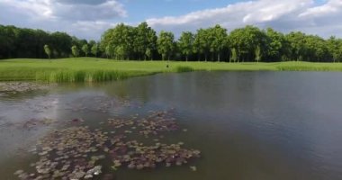 Nehri yakınında çayır boyunca koşu spor kadın hareketli ileri görünümünü.