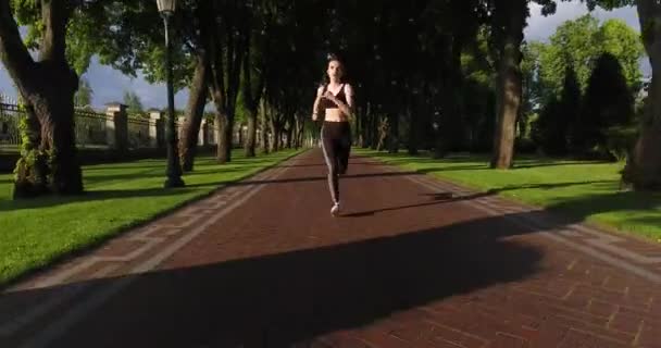 The front view of the athletic woman jogging along the road. — Stock Video