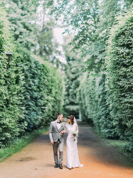 Les jeunes mariés heureux marchent le long des buissons. La vue complète . — Photo