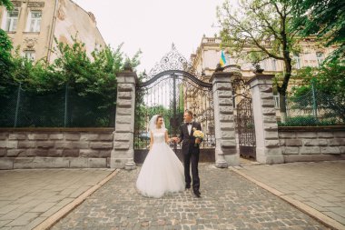 Yeni evliler eski Gotik kapısı ve bina yakın yürüyüş.