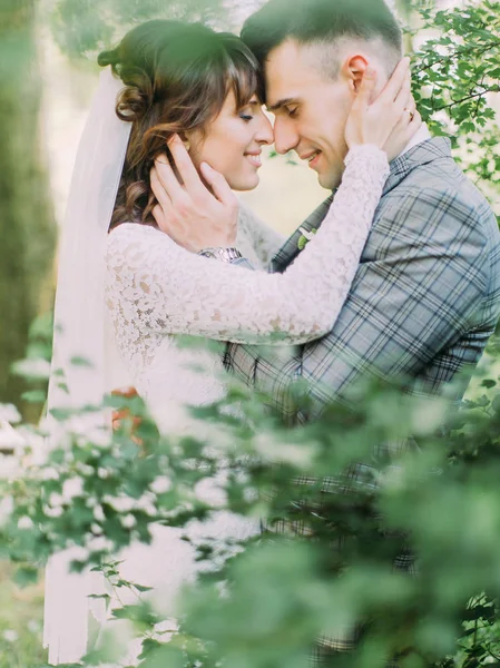 Das romantische Seitenporträt des glücklichen Brautpaares, das Kopf an Kopf steht und jede Wange streichelt. Zusammensetzung des Parks. — Stockfoto