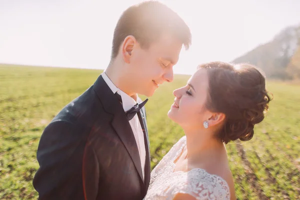 Retrato lateral de cerca de la pareja recién casada en el hermoso fondo del campo . —  Fotos de Stock