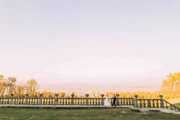 Os recém-casados felizes estão de mãos dadas e caminhando perto da cerca velha no fundo do campo ensolarado . — Fotografia de Stock