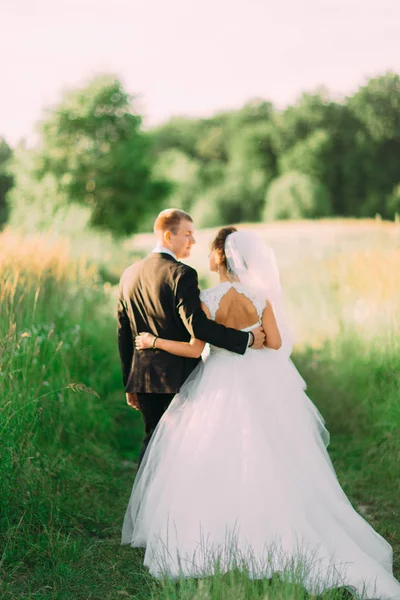 Die Nahaufnahme der umarmten Frischvermählten, die auf der grünen Wiese spazieren. — Stockfoto