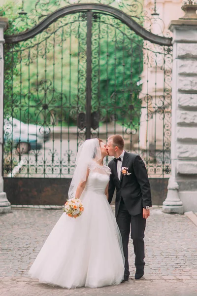 The kissing newlyweds at the background of the old-fashioned gothic gate. — Stock Photo, Image