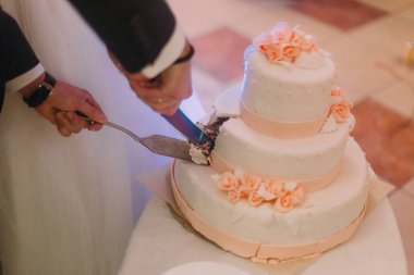 Yeni evliler el ilk parça düğün pastası kesiyorsun. Yakın çekim fotoğraf.