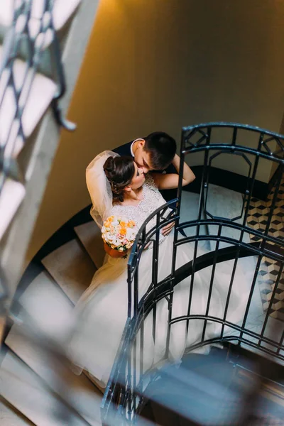 Die Frischvermählten küssen sich auf der Treppe. die obige Ansicht. — Stockfoto