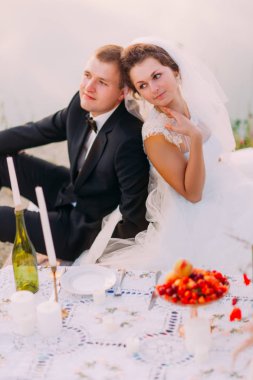 Gelin Damat için arka arkaya onların romantik piknik sırasında oturuyor. Yakın çekim portre, arka plan deniz.