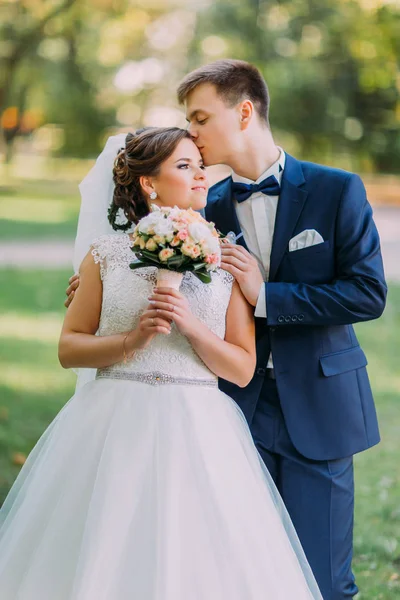 The close-up view of the groom kissing the bride on the head at the background of the park. — Stock Photo, Image