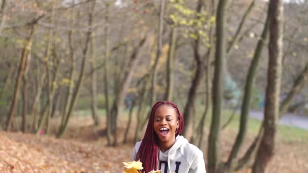 El adolescente afro-americano feliz lanzando las hojas amarillentas en el parque . — Vídeo de stock
