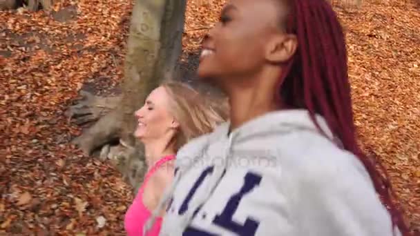 秋の公園をジョギング中に話している陽気な多文化のガール フレンドのクローズ アップ側ビュー. — ストック動画
