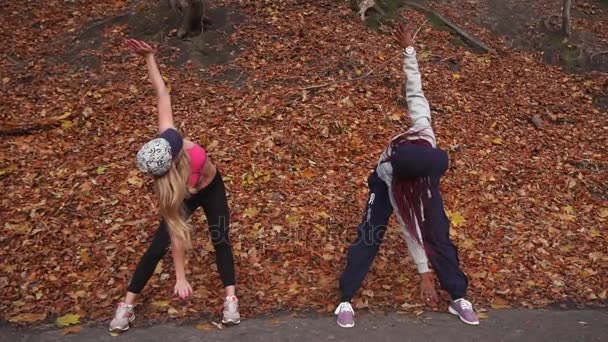 Hroziontal widok dwóch przyjaciółek wielokulturowej, ciągnąc w dół i gięcia na boki w parku jesień. — Wideo stockowe