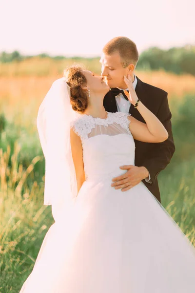 La foto vertical de los encantadores recién casados abrazados. La novia está acariciando la cara del novio en el campo . — Foto de Stock