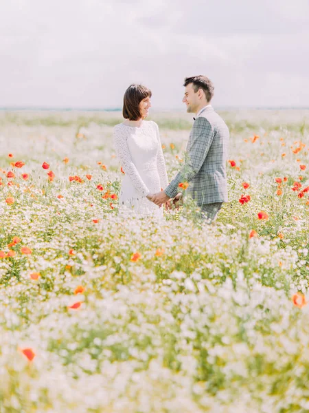 El hermoso retrato de los recién casados tomados de la mano entre flores en el campo . —  Fotos de Stock