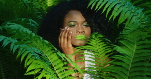 Vista de perto da bela mulher afro-americana com batom verde e sombras nos olhos acariciando a bochecha de si mesma na samambaia . — Vídeo de Stock