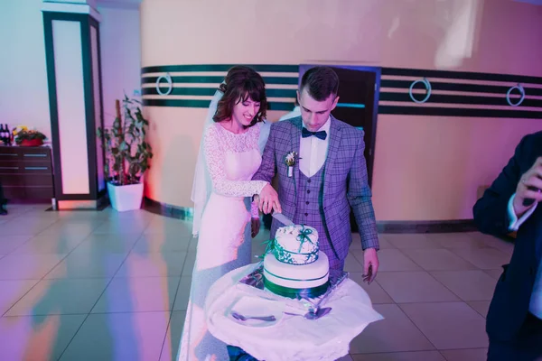 Nowożeńcy są cięcia ich pierwszy kawałek tortu. — Zdjęcie stockowe