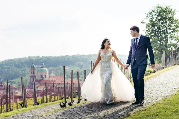 Vista lateral dos recém-casados alegres de mãos dadas enquanto caminham ao longo dos pavimentos no fundo do panorama de Praga . — Fotografia de Stock