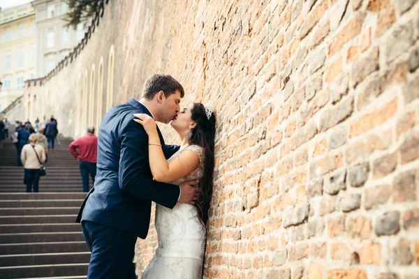 Portret połowie długości boku pocałunki para newlywed, opierając się na ścianie. Lokalizacja w Pradze. — Zdjęcie stockowe