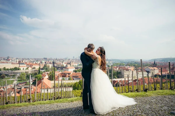 O belo noivo está beijando a noiva na mão enquanto abraça o pano de fundo do panorama de Praga . — Fotografia de Stock