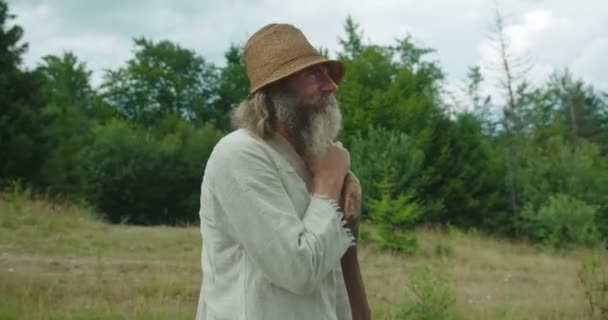 Le vieux voyageur avec une longue barbe et les cheveux et dans de vieux vêtements se penche sur la canne et observer la vue sur les montagnes. Le portrait à mi-longueur . — Video