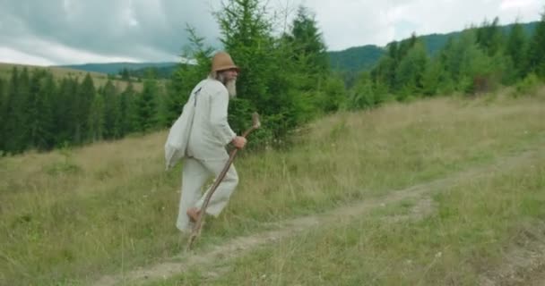 La vista laterale del vecchio viaggiatore con lunga barba grigia che cammina lungo le montagne con l'aiuto del suo bastone . — Video Stock